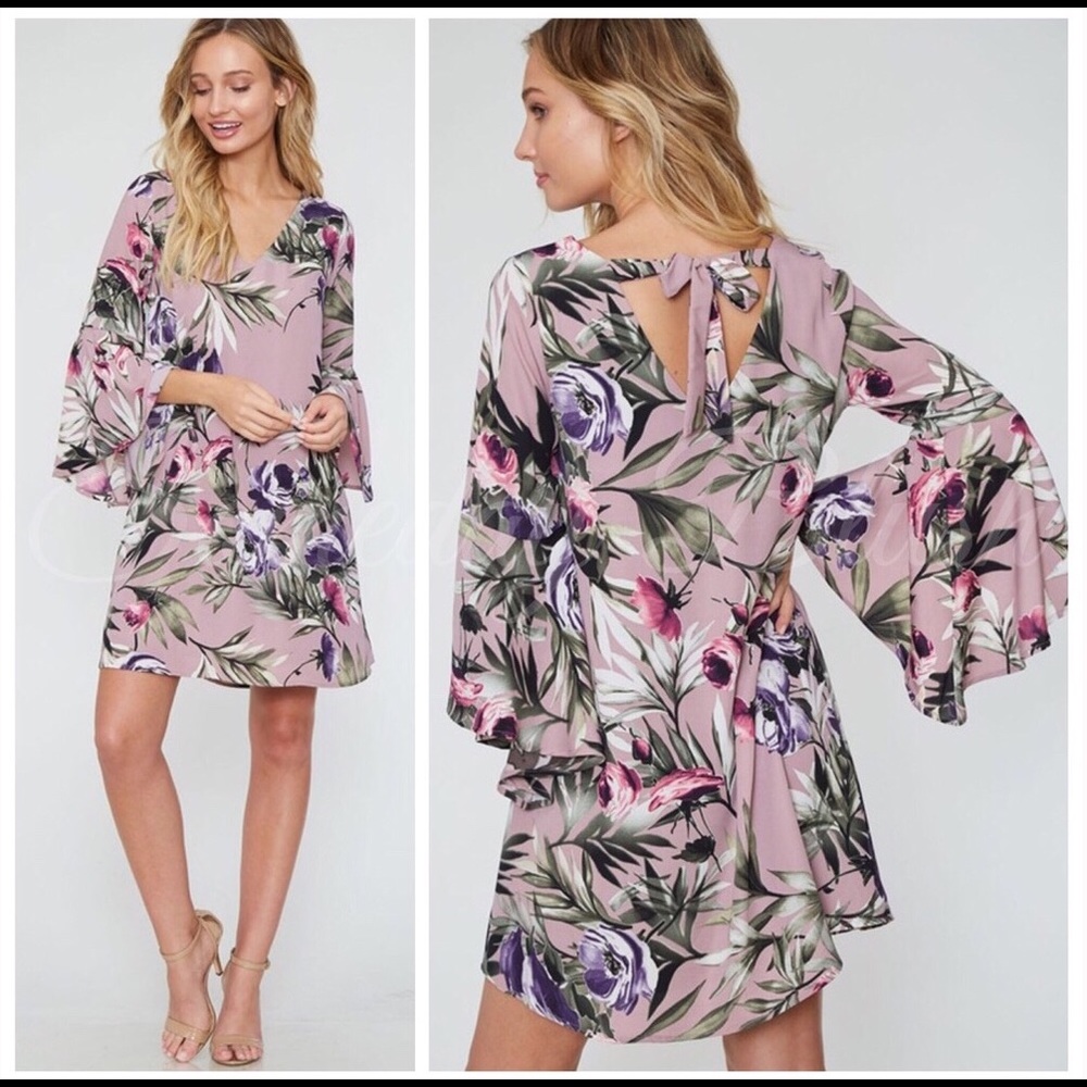🌷NWT! MAUVE FLORAL LONG RUFFLE SLEEVE TUNIC DRESS